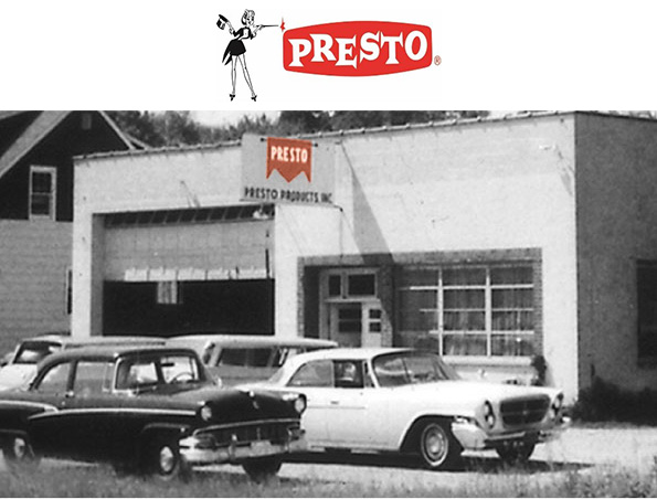 original presto logo with black and white photo of presto garage