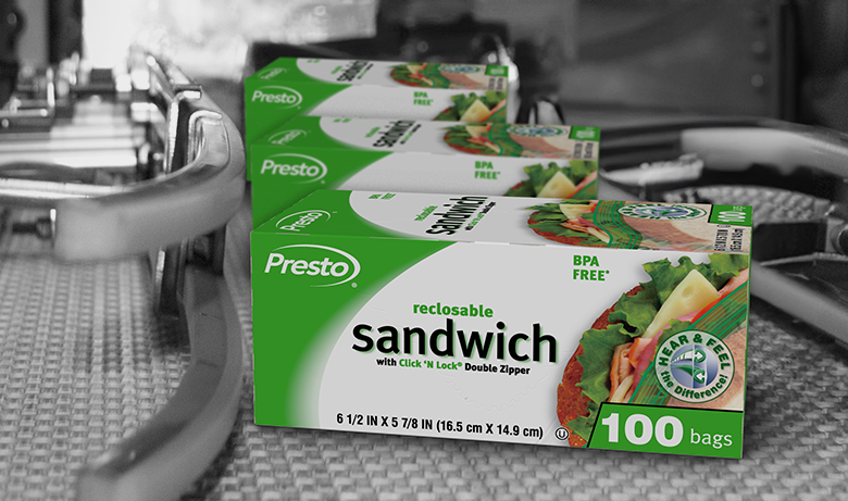 Presto sandwich bags on conveyor belt